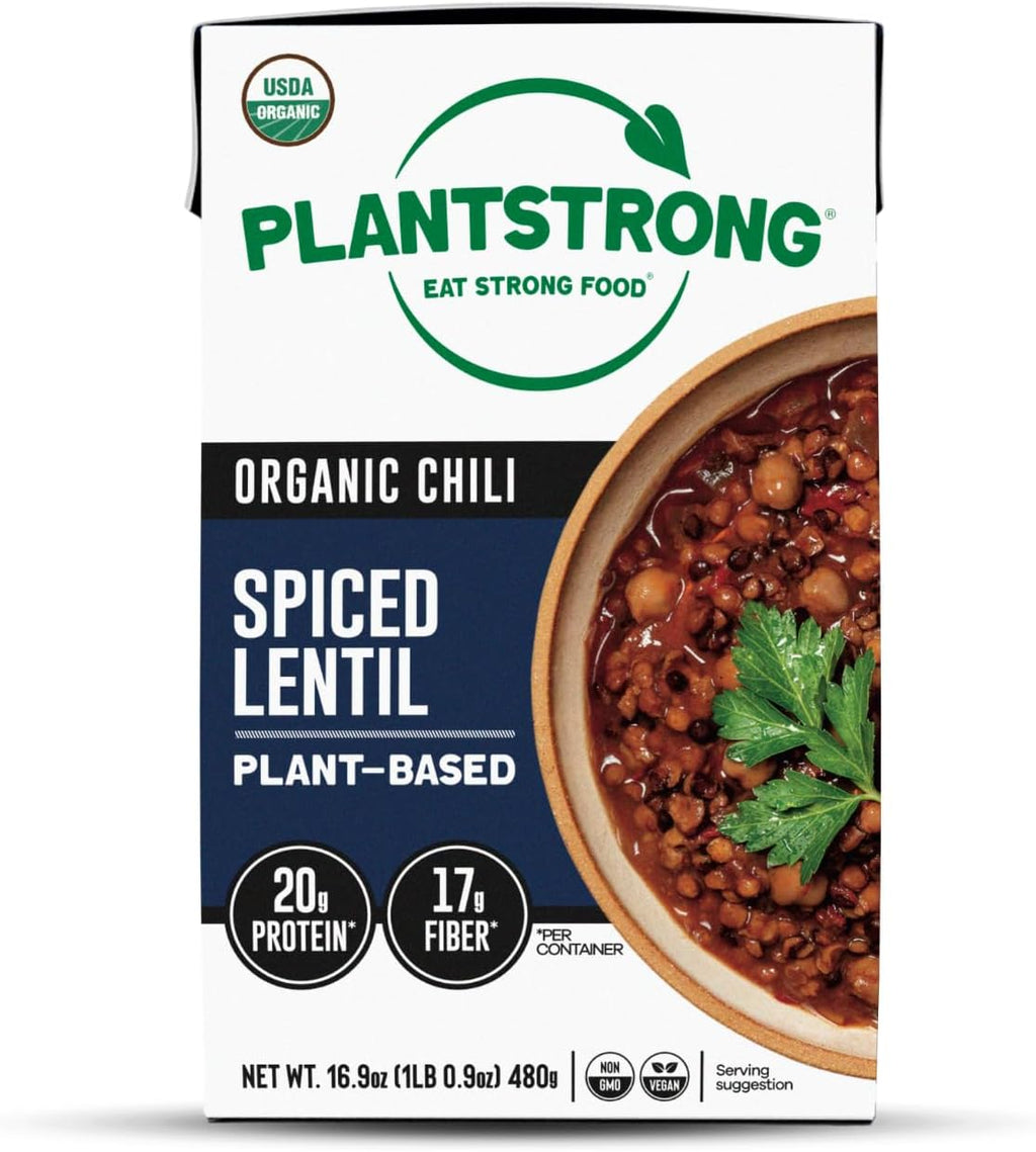 PLANTSTRONG Chili & Stew – USDA Organic, Non-GMO, Plant-Based, Vegan, Gluten-Free, Oil-Free, Lightly Salted, Ready to Heat & Serve (16.9 oz, Spiced Lentil Chili)
