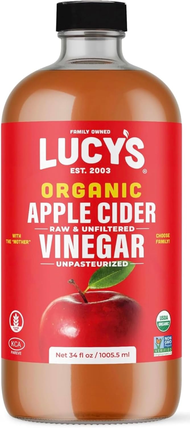 Lucy's Family Owned - USDA Organic NonGMO Raw Apple Cider Vinegar, Unfiltered, Unpasteurized, With the Mother, 34oz GLASS Bottle