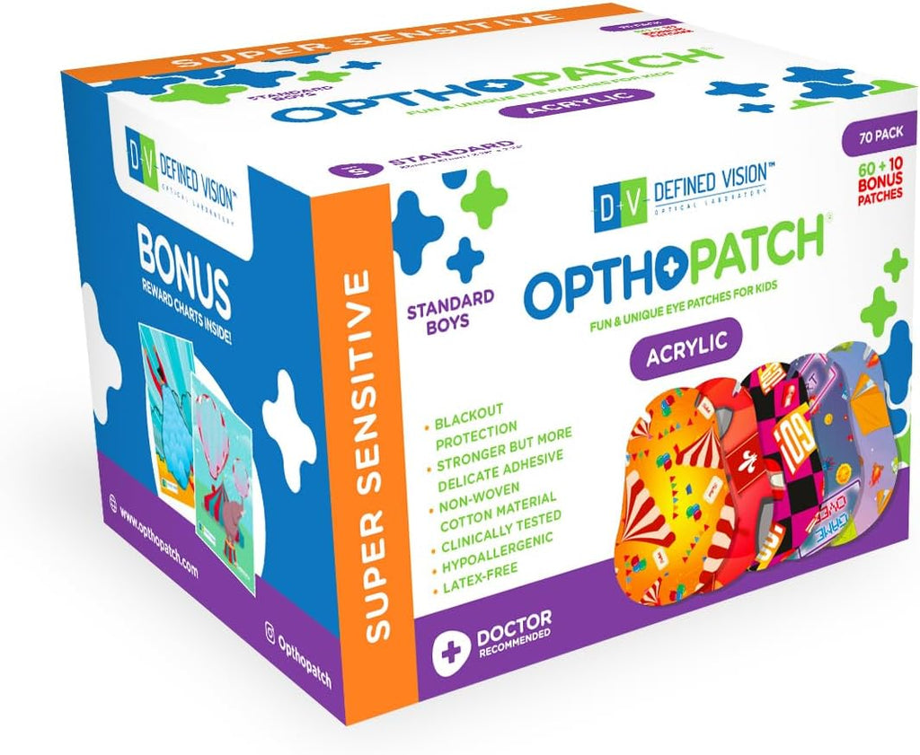 Opthopatch Kids Eye Patches with Extra Hypoallergenic Acrylic Adhesive, 70 Breathable Patches for Amblyopia & Lazy Eye, Fun Boy-Friendly Designs, 2 Rewards Chart Included by Defined Vision