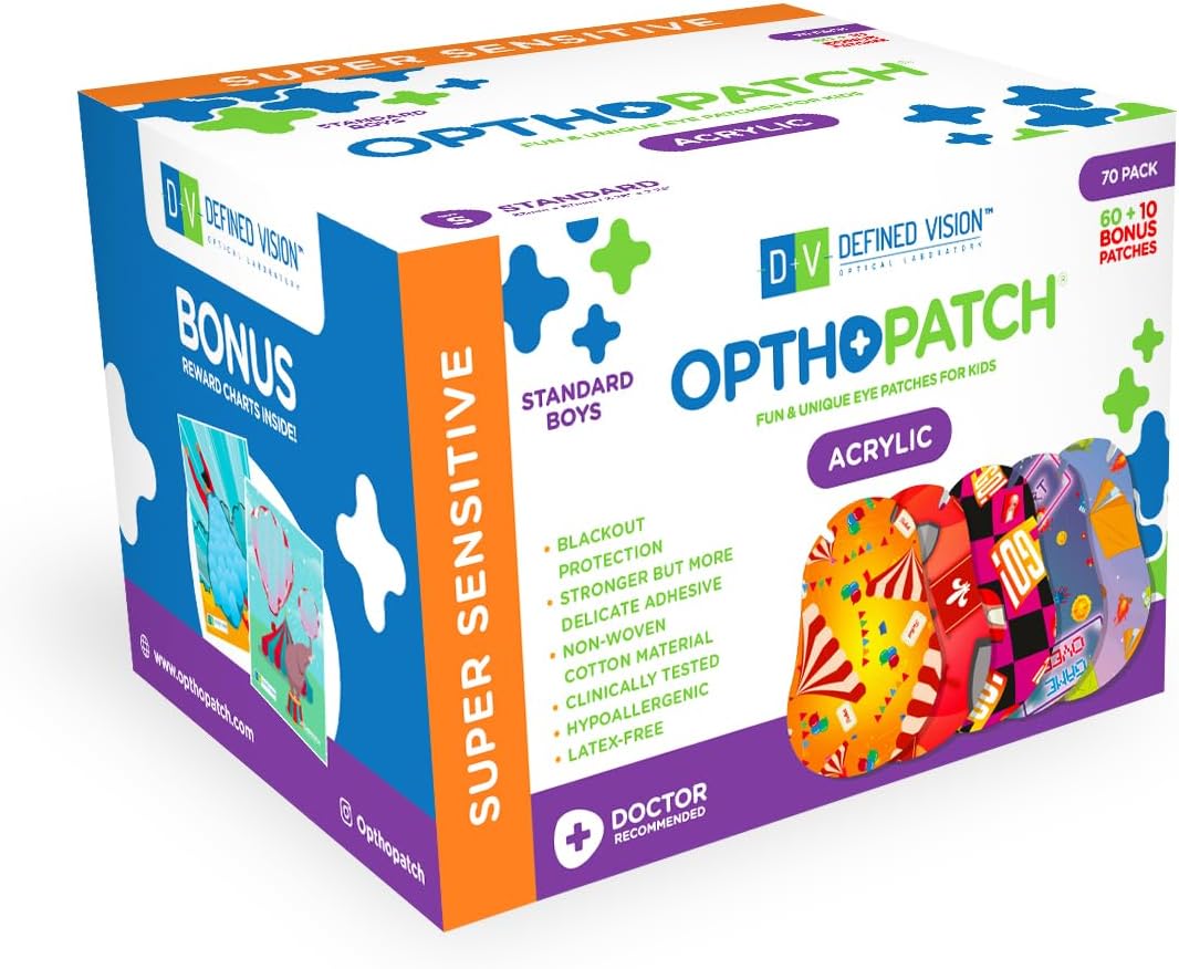 Opthopatch Kids Eye Patches with Extra Hypoallergenic Acrylic Adhesive, 70 Breathable Patches for Amblyopia & Lazy Eye, Fun Boy-Friendly Designs, 2 Rewards Chart Included by Defined Vision