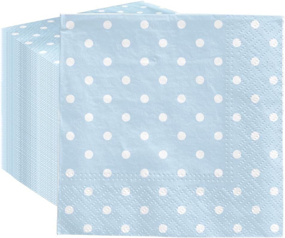 PAW - 100 Pack Baby Blue Cocktail Napkins 5'' x 5'', Disposable Beverage Napkins with Dots, Dessert Towels for Baby Shower, Gender Reveal, Wedding, Birthday, Bridal Party, Decoupage