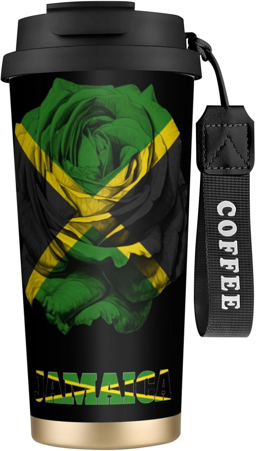 Vintage Rose Jamaica Jamaicans Flag Coffee Mug Tumbler with Lid and Straw Straws 16OZ Stainless Steel Vacuum Insulated Travel Cup Gift for Men Women