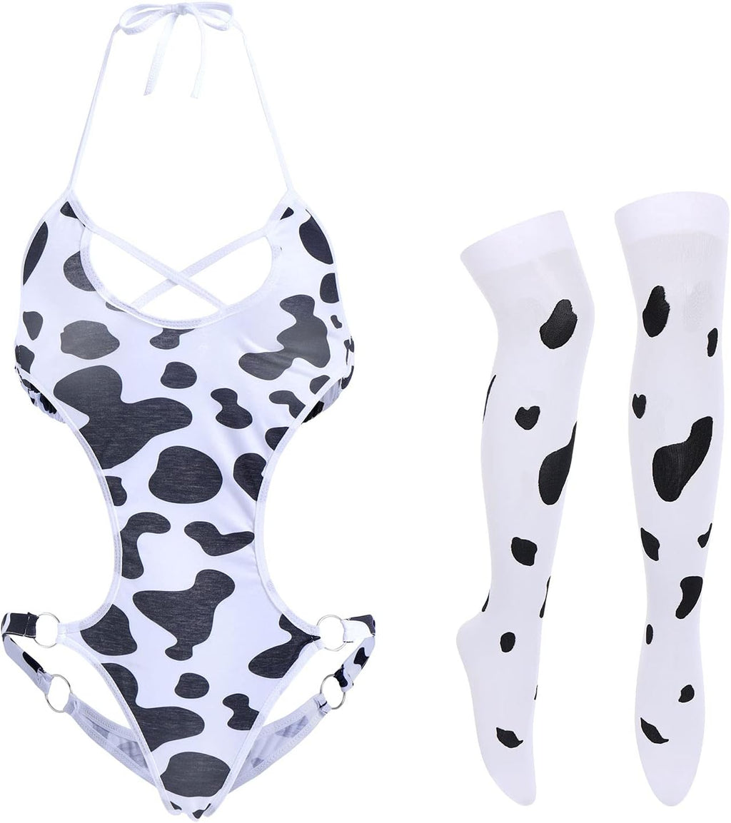 FYMNSI Women Sexy Milk Cow Lingerie Set Anime Maid Cosplay Costume Mini Bikini Bra Bodysuit with Bell Choker Stockings Outfit