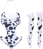 FYMNSI Women Sexy Milk Cow Lingerie Set Anime Maid Cosplay Costume Mini Bikini Bra Bodysuit with Bell Choker Stockings Outfit