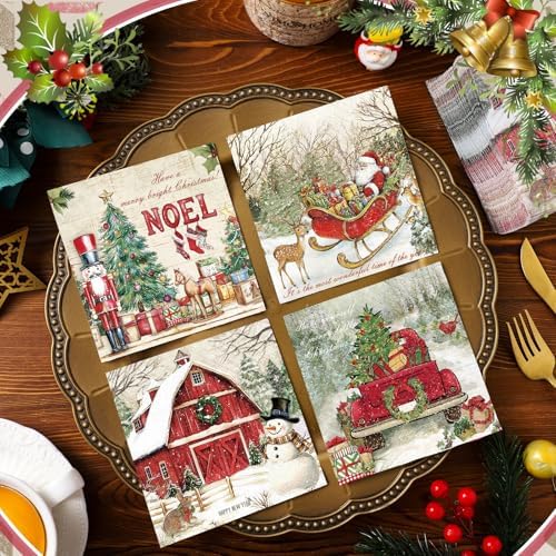 Janlaugh 200 Pcs Christmas Cocktail Napkins Disposable Nutcracker Paper Napkins Decoupage 2 Ply Vintage Santa Beverage Dinner Towels for Xmas Party Favor Supplies