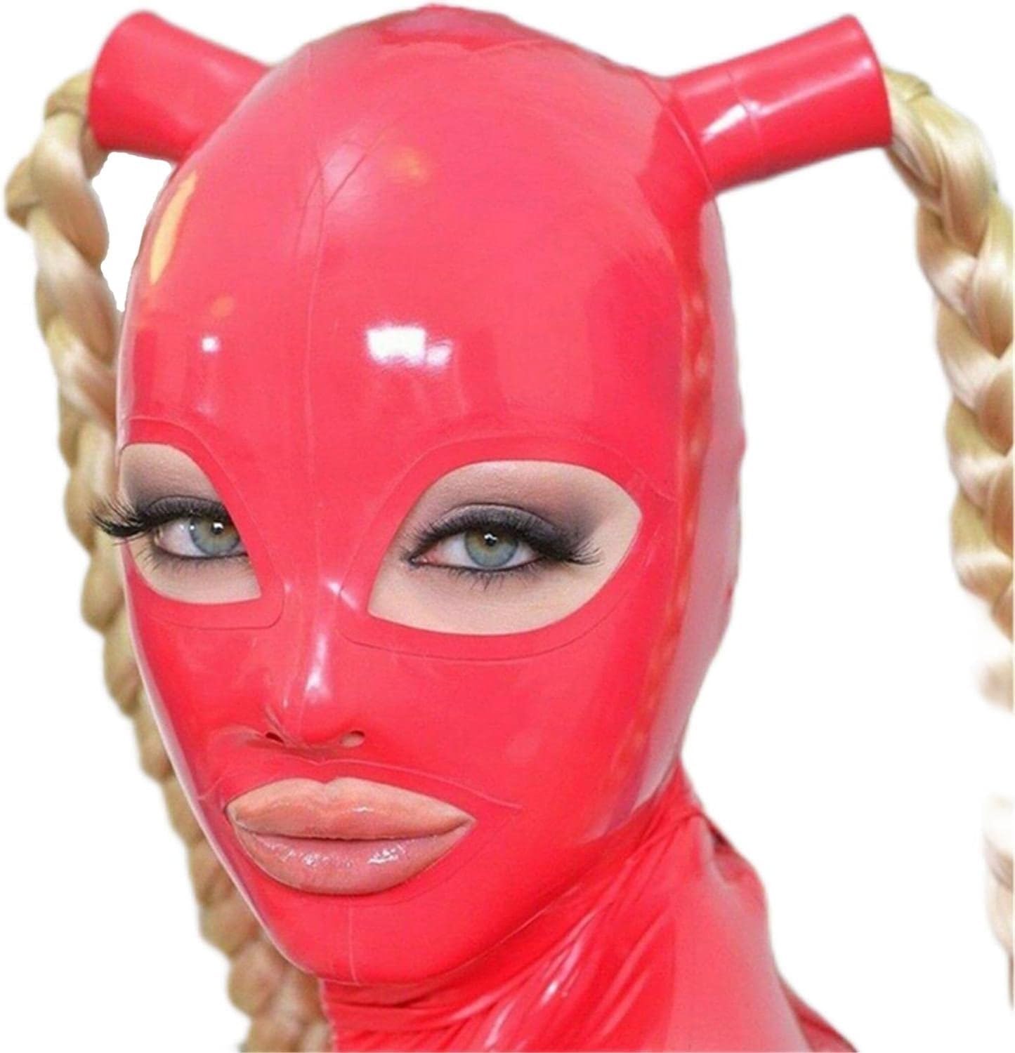 Latex Hood with Double Blond Ponytail Wigs Back Zipper Rubber Mask with Golden Pigtail Cosplay Club Wear