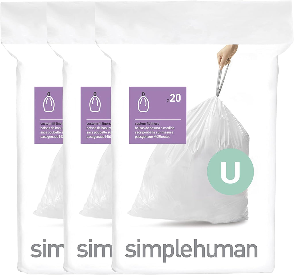 simplehuman Code U 60 Count, Dispenser Pack Custom Fit Liners, Drawstring Trash Bags, 55 Liter / 14.5 Gallon, White