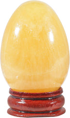 2" Natural Yellow Jade Egg with Wood Stand for Home Decoration, Polished Crystal Pocket Palm Sphere Fengshui Figurines Healing Reiki