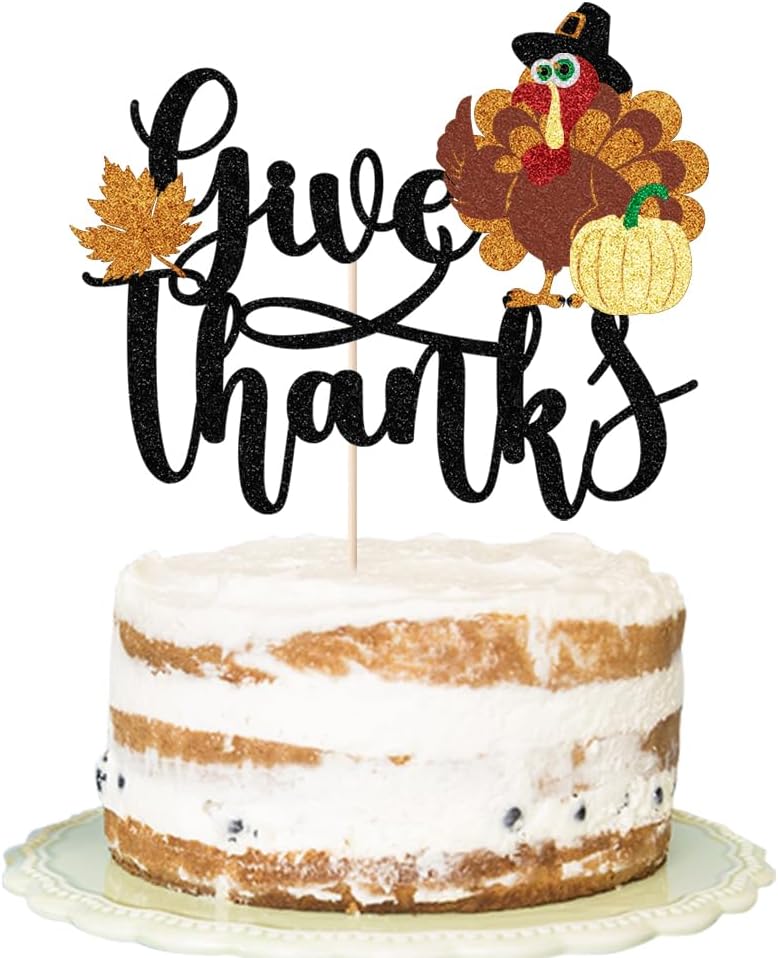 Thanksgiving Cake Topper Decoration- Give Thanks Cake Toppers,Pumpkin Turkey Maple Fall Themed Cake Picks Decor for Birthday Party,Thanksgiving Party,Harvest Day Fall Autumn Cake Decoration