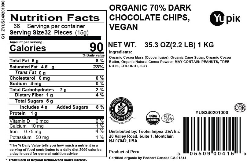 Yupik Organic Dark Chocolate Chips, 70% Cacao, 2.2 lb (35.2 oz), Gluten-Free, GMO-Free, Kosher, Vegan, Dairy-Free, Regular Size, Rich Dark Chocolate, Melts Smoothly, For Snacking, Baking & Topping