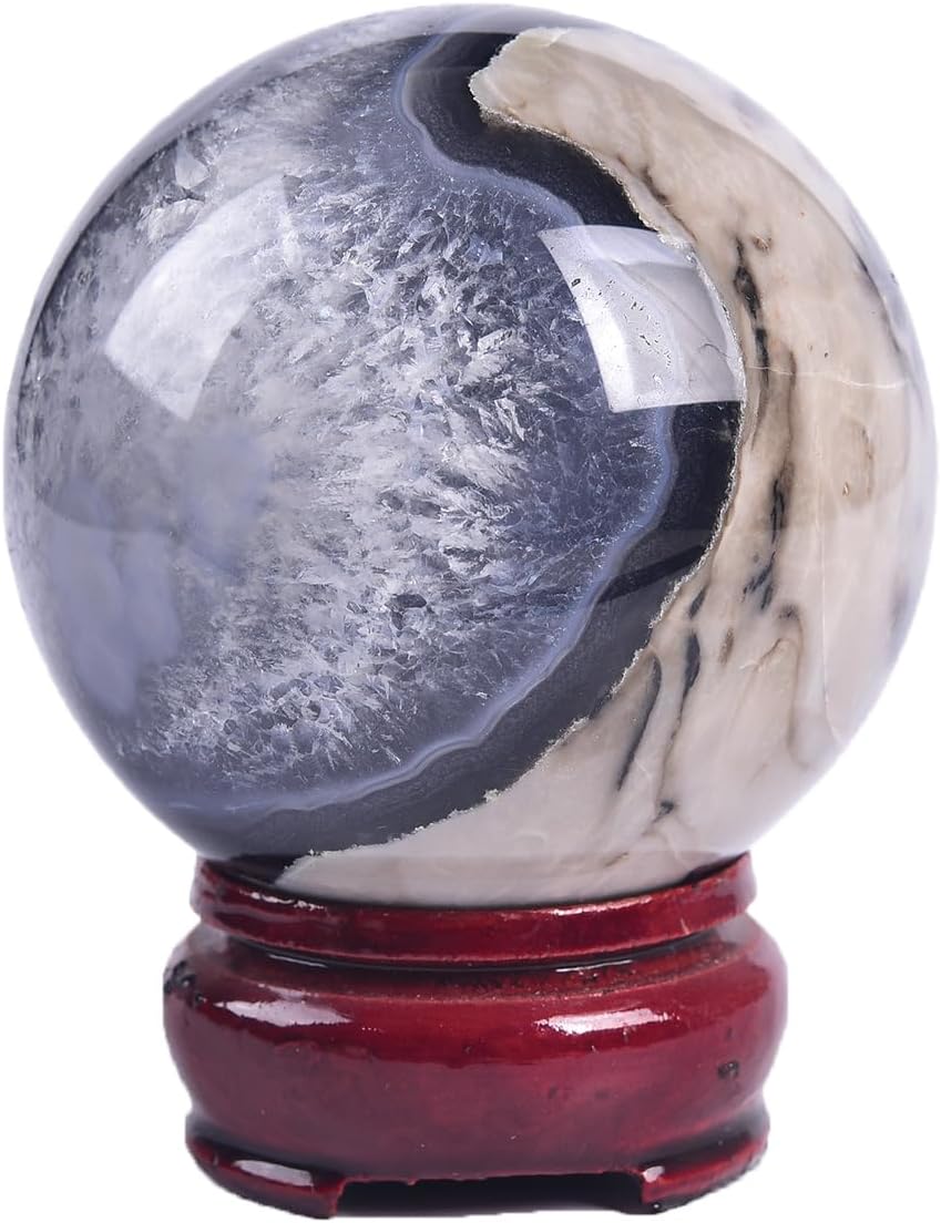 JIC Gem Volcanic Agate Crystal Sphere Large Quartz Crystal Ball with Stand Healing Ornament Witchcraft Meditation Decor 2.3-2.7 inch(60-70mm)