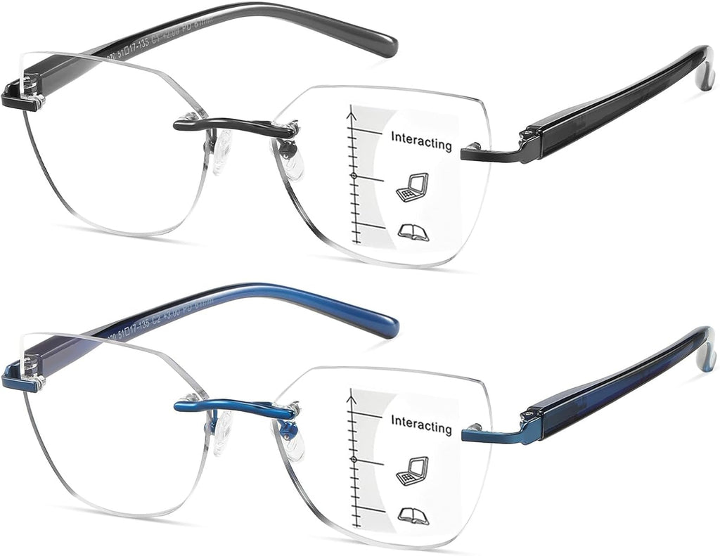 Progressive Multifocal Reading Glasses Women Cat Eye No Line Multifocus Transition Blue Light Reader Lady Metal Frame