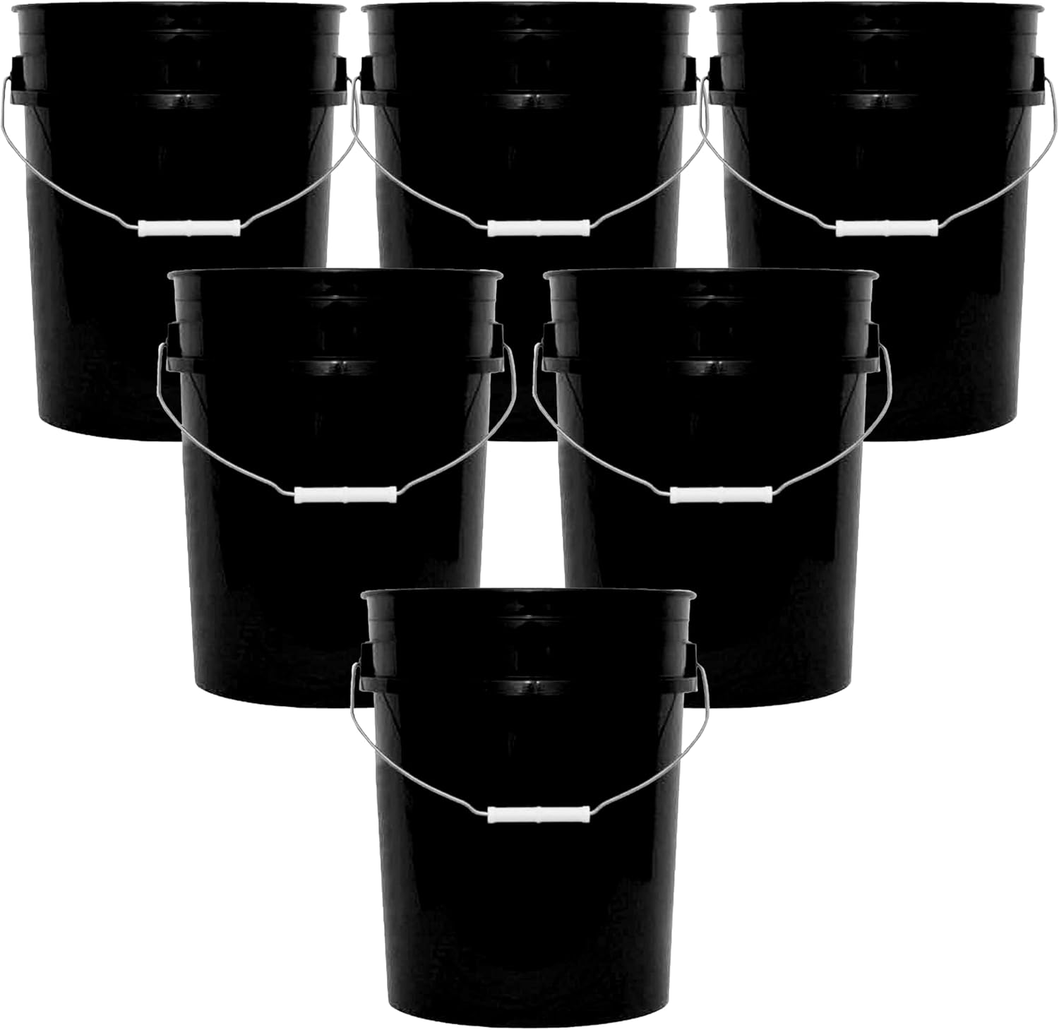 5-Gallon Bucket Only – No Lid Included, Made in USA, Food Grade BPA Free Plastic, Heavy Duty Multi-Use, Metal Handle with Grip, Stackable Storage – Black, 6 Pack