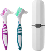 2Pcs Denture Cleaning Brush Kit False Teeth Toothbrushes with 1 White Carrying Case Travel Multi-Layered Soft Bristles Denture Cleaner Ergonomic Rubber Handle(Green and Purple)