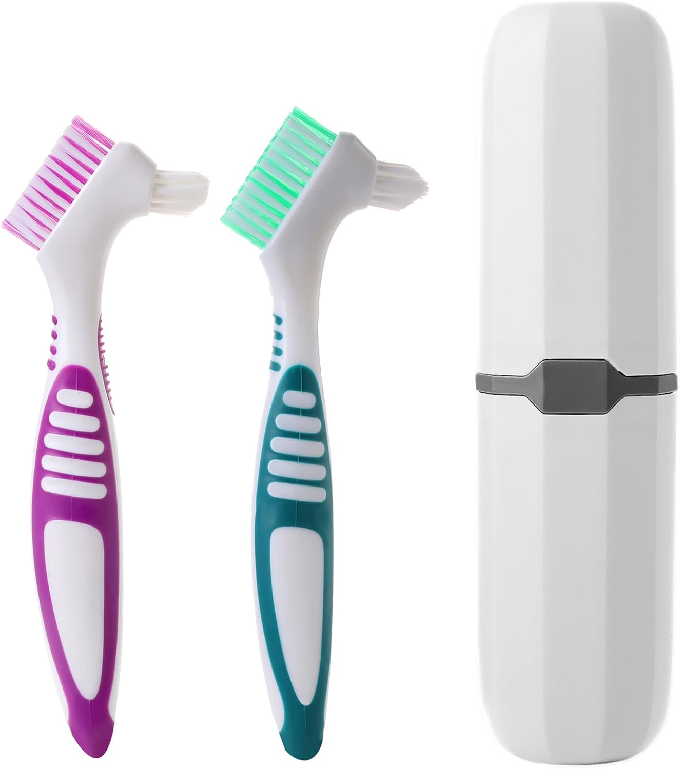 2Pcs Denture Cleaning Brush Kit False Teeth Toothbrushes with 1 White Carrying Case Travel Multi-Layered Soft Bristles Denture Cleaner Ergonomic Rubber Handle(Green and Purple)