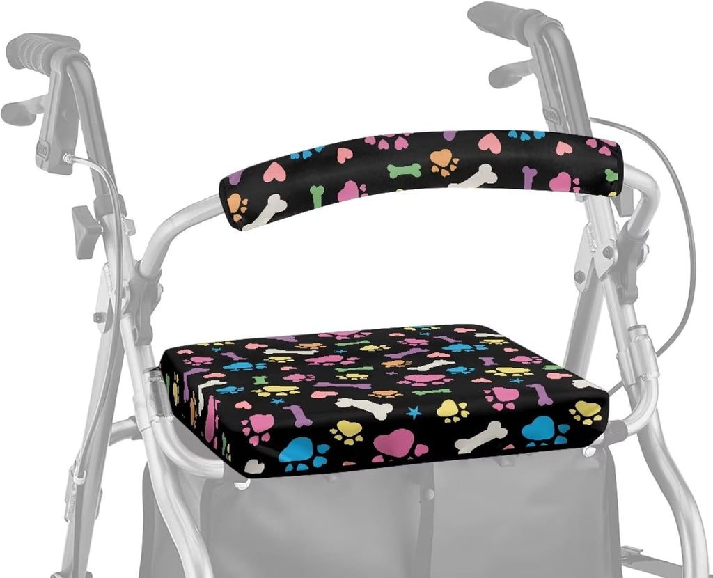 Cute Dog Paw Prints Rollator Walker with Seat Protection Cover Set Rollator Walker Seat and Backrest Covers for Seniors in Assisted Living Handle Covers for Rollator Walkers