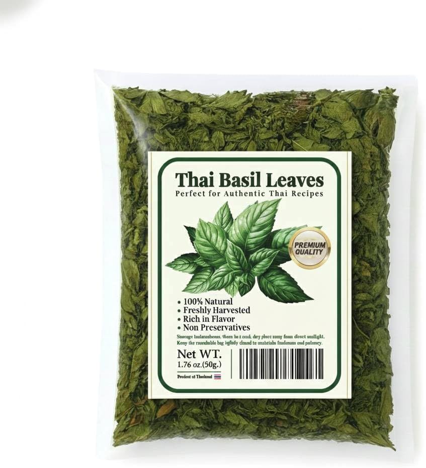 Thai Basil Leaves, Premium Quality, Authentic Thai Herb for Cooking, Fragrant & Flavorful, Dried Basil Seasoning –100% Natural,1.76oz (50g.) Value Pack.