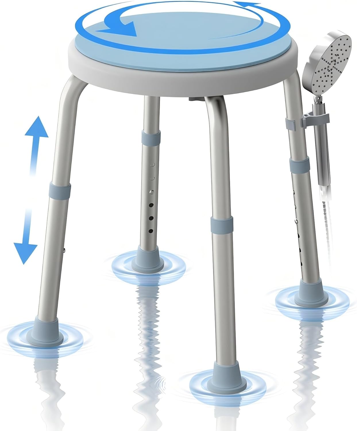 Swivel Shower Stool for Inside Shower, 360° Rotating Stool with Non-Slip Seat Pad, Adjustable Shower Chair for Seniors with 6 Height Levels, Lightweight Seat Up to 300 lbs, Tool-Free Assembly