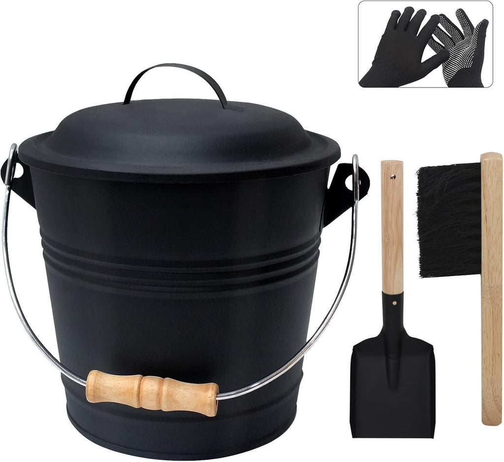 Poofzy Ash Bucket with Lid, Small Fireplace Ash Bucket with Lid and Shovel, 1.3 Gallon Metal Bucket for Fireplace with Hand Broom and Gloves, Fireplace Bucket for Ashes for Wood Stove and Fire Pit