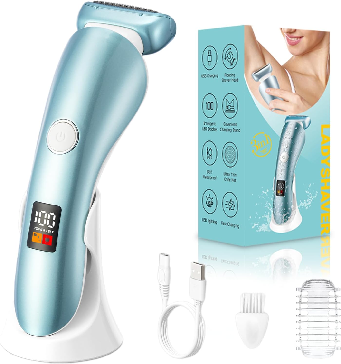 Electric Razors for Women, Bikini Trimmer Wet & Dry Use, Painless Pubic Hair Trimmer, Rechargeable Electric Shaver for Legs, Face, Pubic Hair, Underarms with Detachable Head, Blue