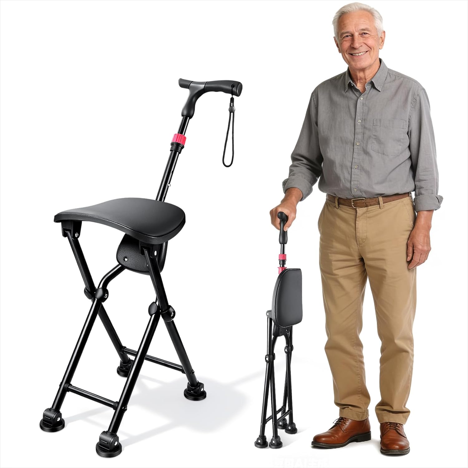 Four-Legged Cane with Seat, Unisex Cane with Seat Folding Lightweight, Adjustable Anti-Slip Cane Chair, Walking Cane with Seat Suitable for Men, Women, Adults and Seniors