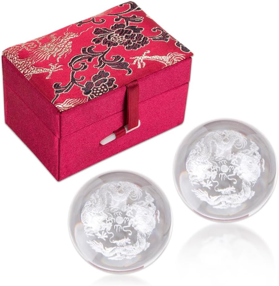 2Pcs 3D Crystal Baoding Balls with Storage Box Dual Dragons Design Hand Therapy Balls Transparent Stress Relief Balls Chinese Meditation Balls for Muscle Relaxation Hand Exercise