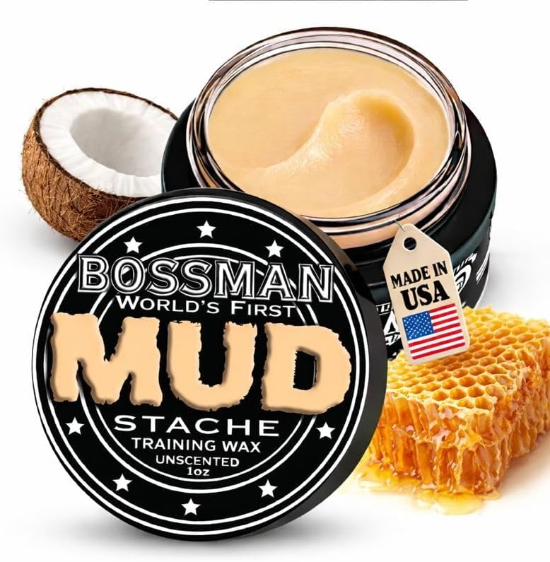 Bossman MUDstache Unscented Mustache Wax for Men (1 oz) – Strong 24-Hour Hold, Non-Tacky & Easy to Apply for Taming & Styling