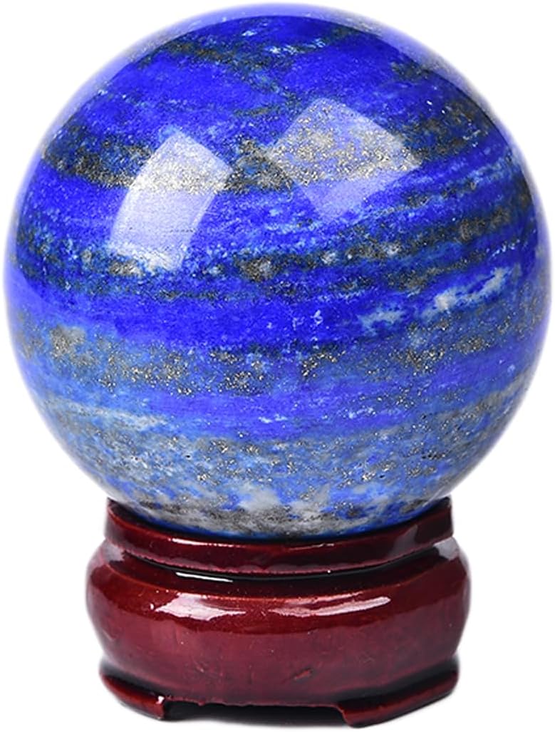 JIC Gem Lapis Lazuli Quartz Crystal Ball with Wooden Stand - Blue Crystal Sphere for Feng Shui Decor & Spiritual Gifts - 60-70mm