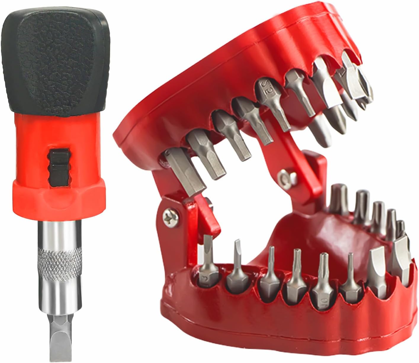 Denture Drill Bit Holder, Dentist Gift, 3D Sculpture Desk Decor, 28PCS 1/4” Hex Bit, 3-in-1 Screwdriver, Desk Gadget, Red
