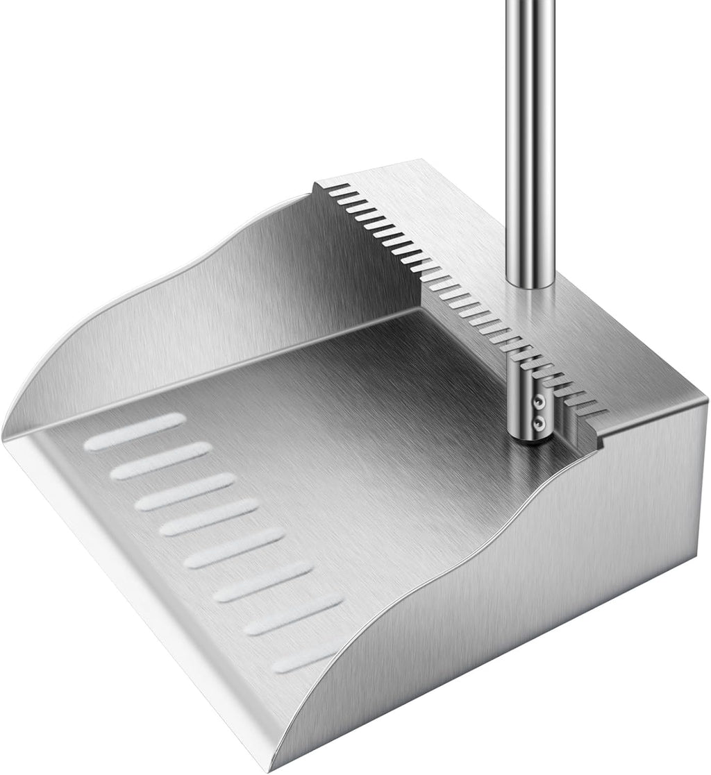 Metal Dust Pans with Long Handle,Heavy Duty Dust Pan with Handle,Upright Stand Up Dustpan with Dust Pan Teeth to Clean Hair for Home Kitchen Office Lobby Floor Garden