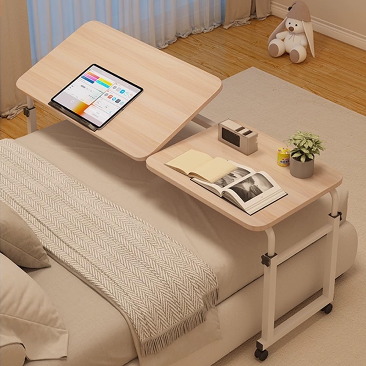 Over Bed Desk Cross-Bed Stretchable Height/Length, OverBed Table with Wheels, Hospital Standing Desk Over Bed Table, Food Tray Desk(Natural)