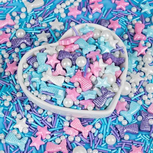 Edible Mermaid Sprinkles,130g/4.58oz,Sugar Pearl Stars Jimmies Mix,Pearl Candy Ocean Sprinkles,Summer Baking Cake Fun Decorations,Perfect for Ice Cream,Cookies,Dessert,Cupcake Topper,Birthday Children's Anime Theme Party Supplies