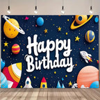 Space Happy Birthday Banner for Kids – Cartoon Rocket Planet Galaxy Party Decorations, Outer Space Theme Birthday Backdrop Supplies for Boys Girls 71x43 in