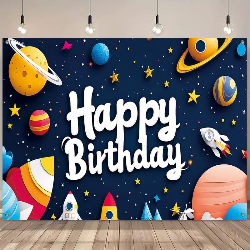 Space Happy Birthday Banner for Kids – Cartoon Rocket Planet Galaxy Party Decorations, Outer Space Theme Birthday Backdrop Supplies for Boys Girls 71x43 in