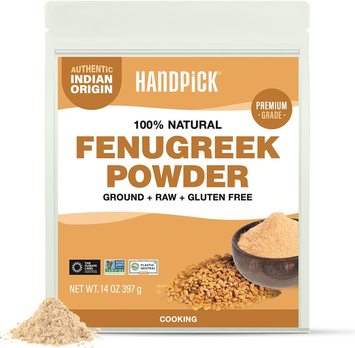 HANDPICK Fenugreek Powder (397g/14oz) Non GMO, Gluten Free, 100% Raw Methi Seeds, Sourced from India, For Cooking, Packed in Resealable Ziplock Pouch
