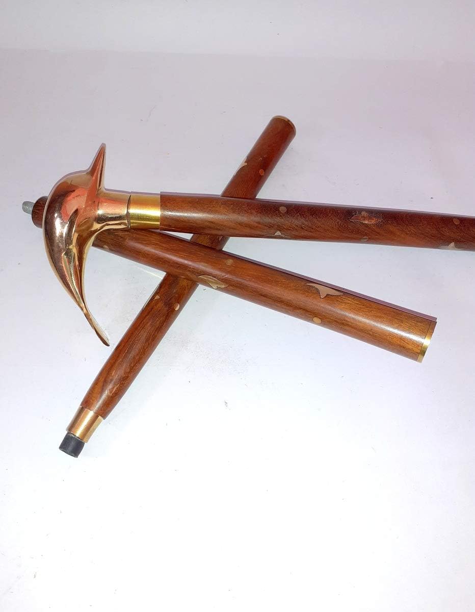 Brass Dolphin Shape Handle with Wooden Walking Stick Cane Golden & Brown Size 36 to 37" inch