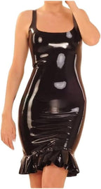 Black Sexy Sleeveless Latex Dress with Ruffles Without Zippers Rubber Bodycon Playsuit,Black,XXL