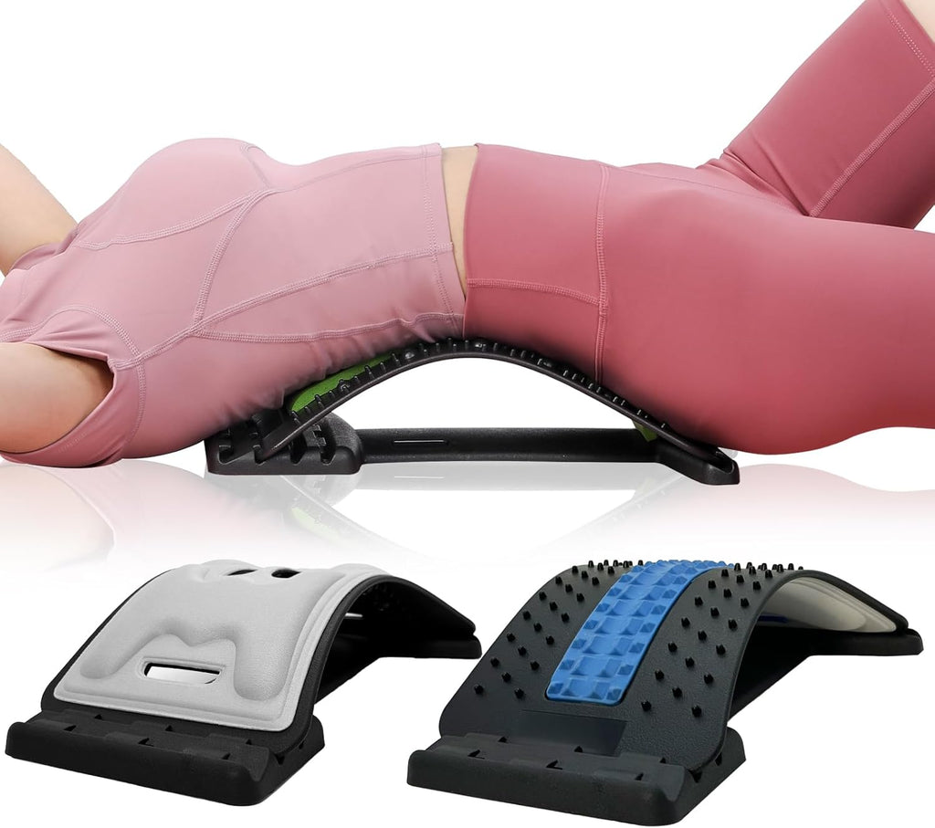 Back Stretcher with Lumbar Support Board for Back Pain Relief - Dual-Sided Adjustable Spinal Decompression & Cracker Device (Blue)