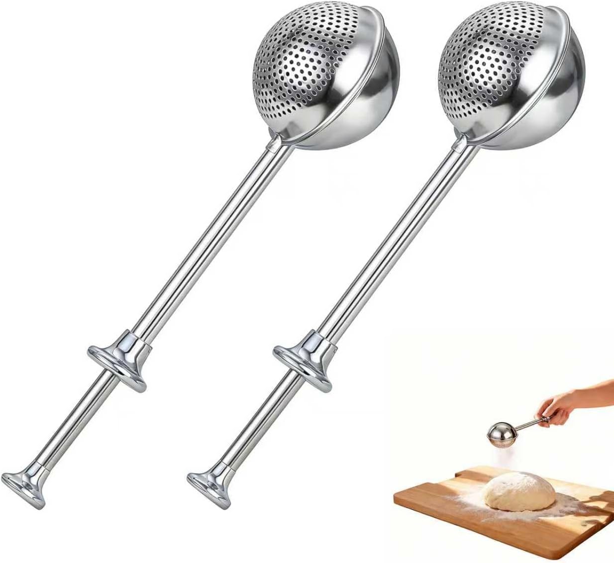2 Pack Sourdough Flour Duster for Baking, Powdered Sugar Duster, One-Handed Operation Flour Dusting Wand, 304 Stainless Steel with Spring-Operated Handle, Easy to Use, Perfect for Sourdough Bread