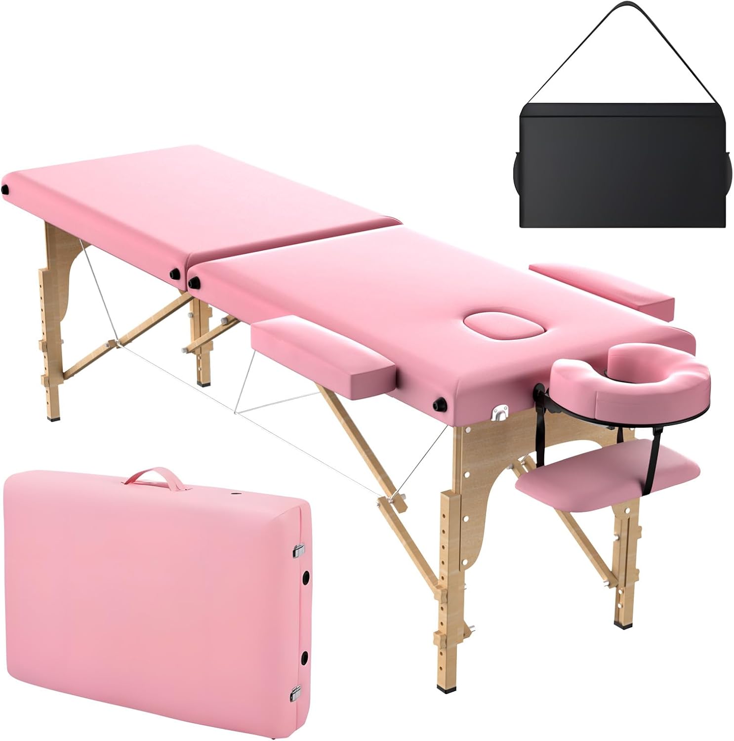 OmySalon Massage Table Portable Massage Bed, 84" x 24" 2-Fold Salon SPA Tattoo Bed Lash Table Height Adjustable with Carrying Bag, Face Cradle & Wooden Frame, Pink