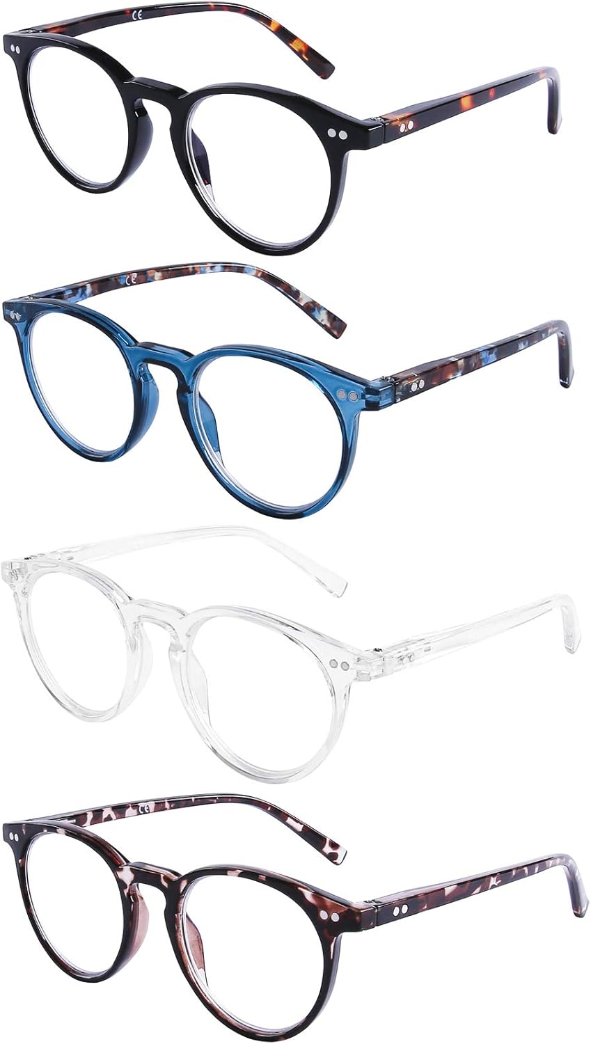 DOOViC Reading Glasses Blue Light Blocking 4 Pack Fashion Round Computer Readers for Women Men Anti Eye Strain Blue Light Reading Glasses 2.75