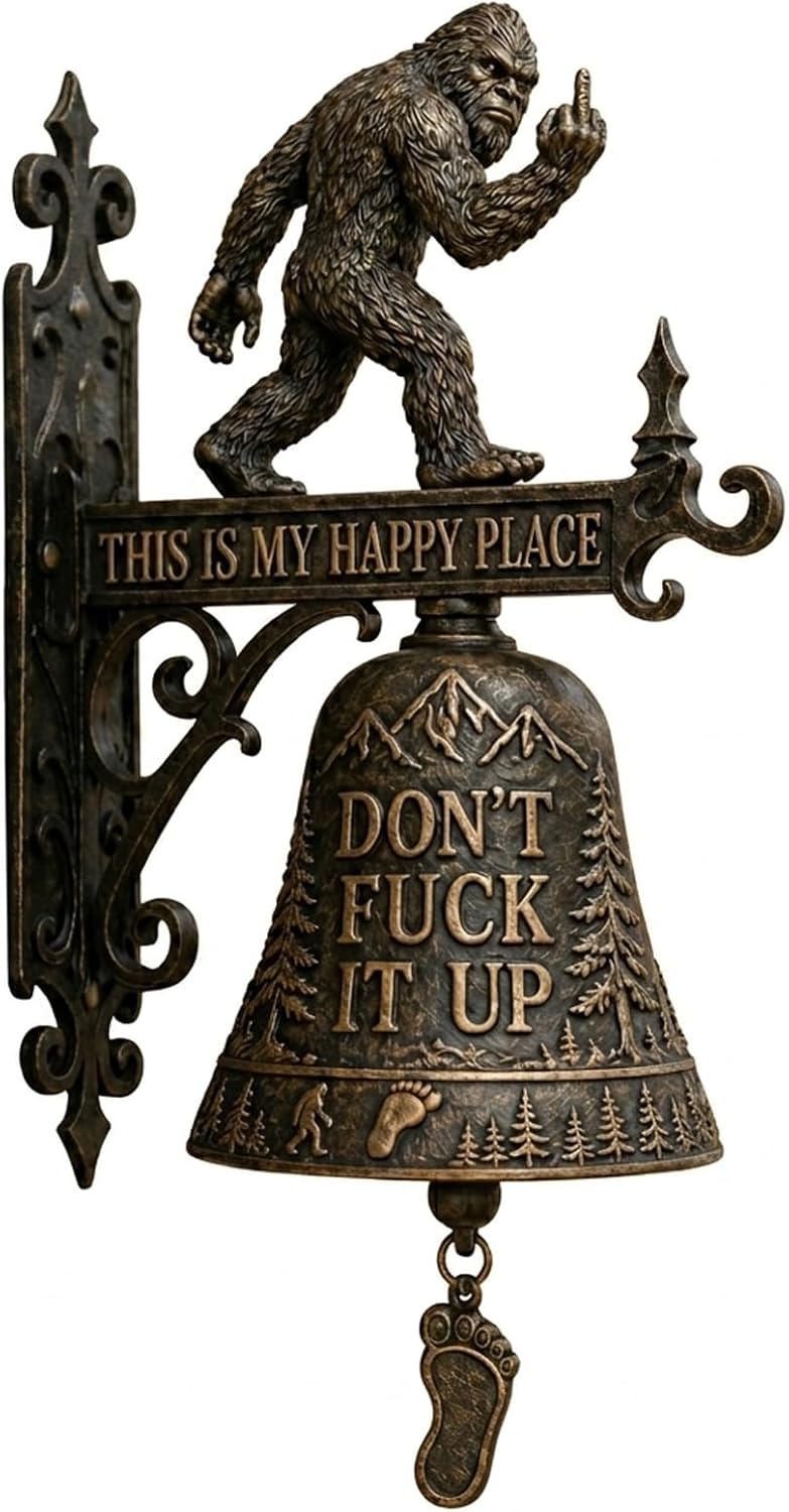 Bigfoot Funny Wall Bell, This is My Happy Place Rustic Bigfoot Doorbell Decor, “Don’t Fuck It Up” Bigfoot Doorbell,Funny Bell for Man Cave Garden Outdoor Wall Decor (#A)