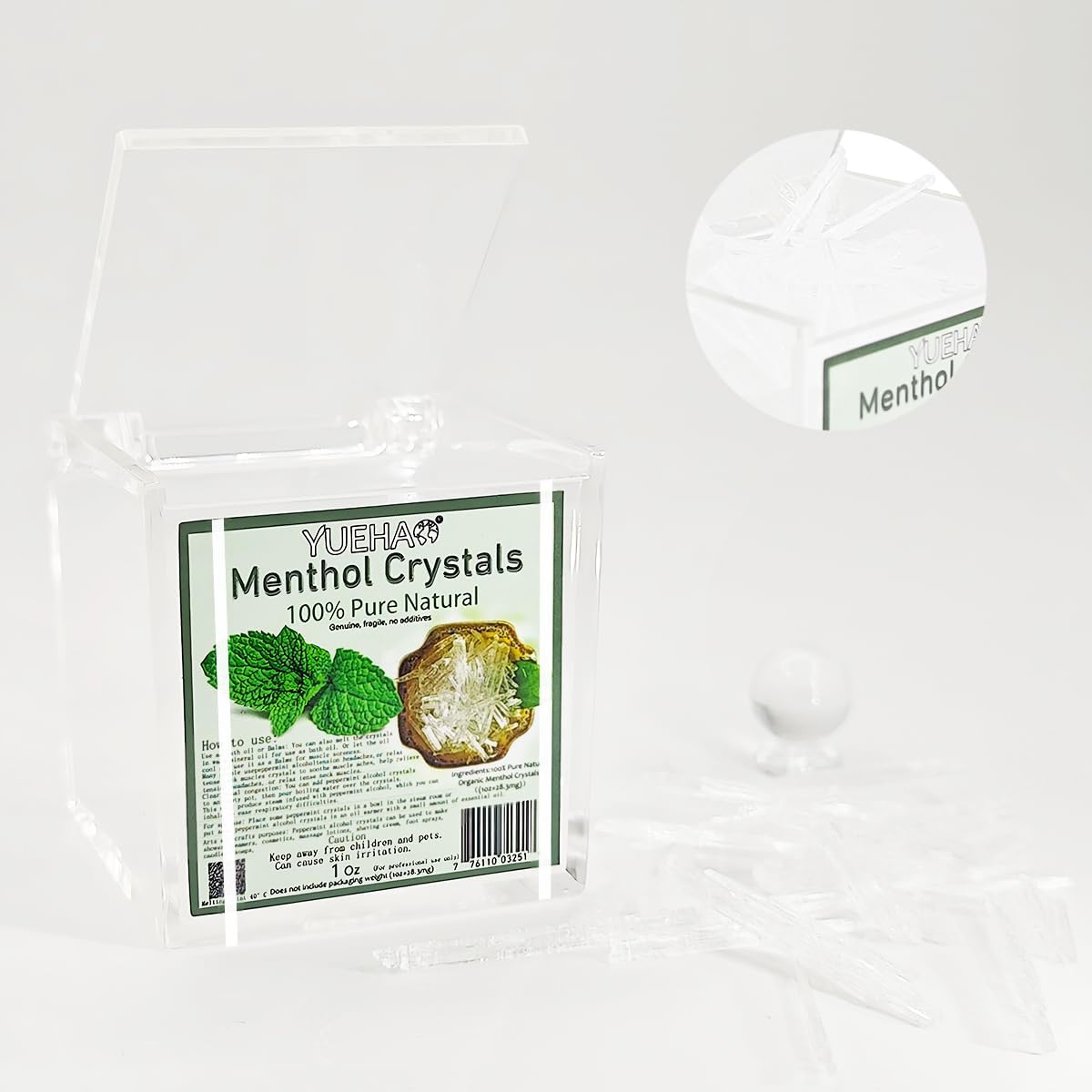 2024New Menthol Crystals 1 oz>=28.3mg. 100% Natural USP Food Grade - Great for Making Shower Steamers, Balms, Creams and Soap Making. Acrylic flip Box (2.3 * 2.3) inches【100% New 1Oz -1 Box】