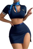 RoseSeek Women's 4 Piece Roleplay Lingerie Set Crop Tee and Mini Skirts Flight Attendant Costume
