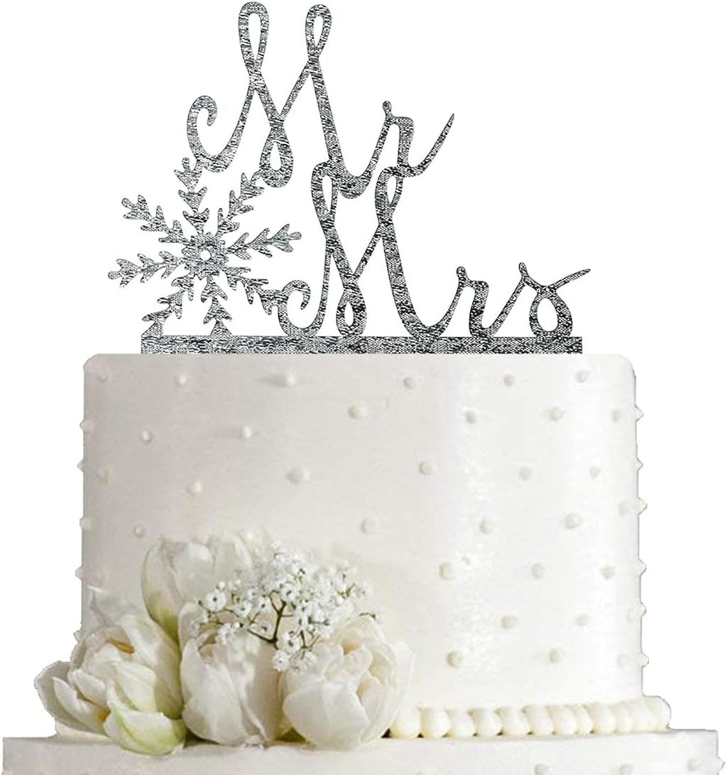 Mr & Mrs Cake Topper with Snowflake, Bride and Groom Sign Wedding Engagement Cake Topper Decorations, Silver Glitter Acrylic