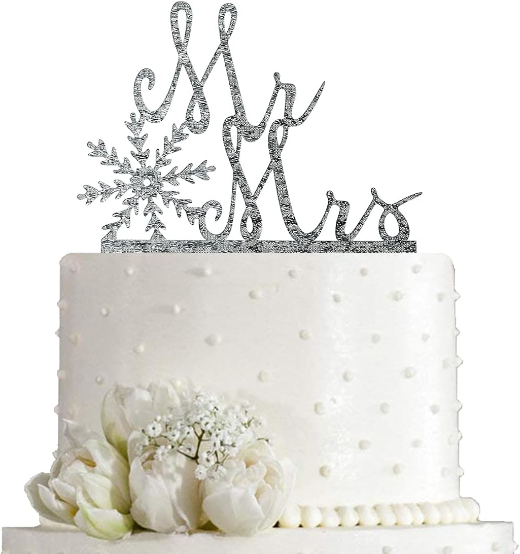 Mr & Mrs Cake Topper with Snowflake, Bride and Groom Sign Wedding Engagement Cake Topper Decorations, Silver Glitter Acrylic
