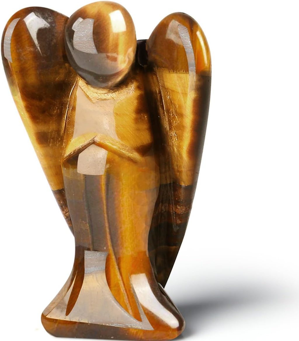 QINJIEJIE 3" Tiger Eye Crystals Angel Decor Healing Guardian Angel Desk Stone Figurine Big Gemstone Statue Home Office Energy Decorations Gifts for Women Men