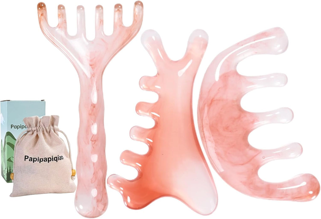 3pcs Scalp Massage Tool Head Massager Gua Sha Comb for Face/Neck/Body/Eye Massage, Promote Lymphatic Circulation Gifts,Pink Resin,Prop 65 Tested Quality