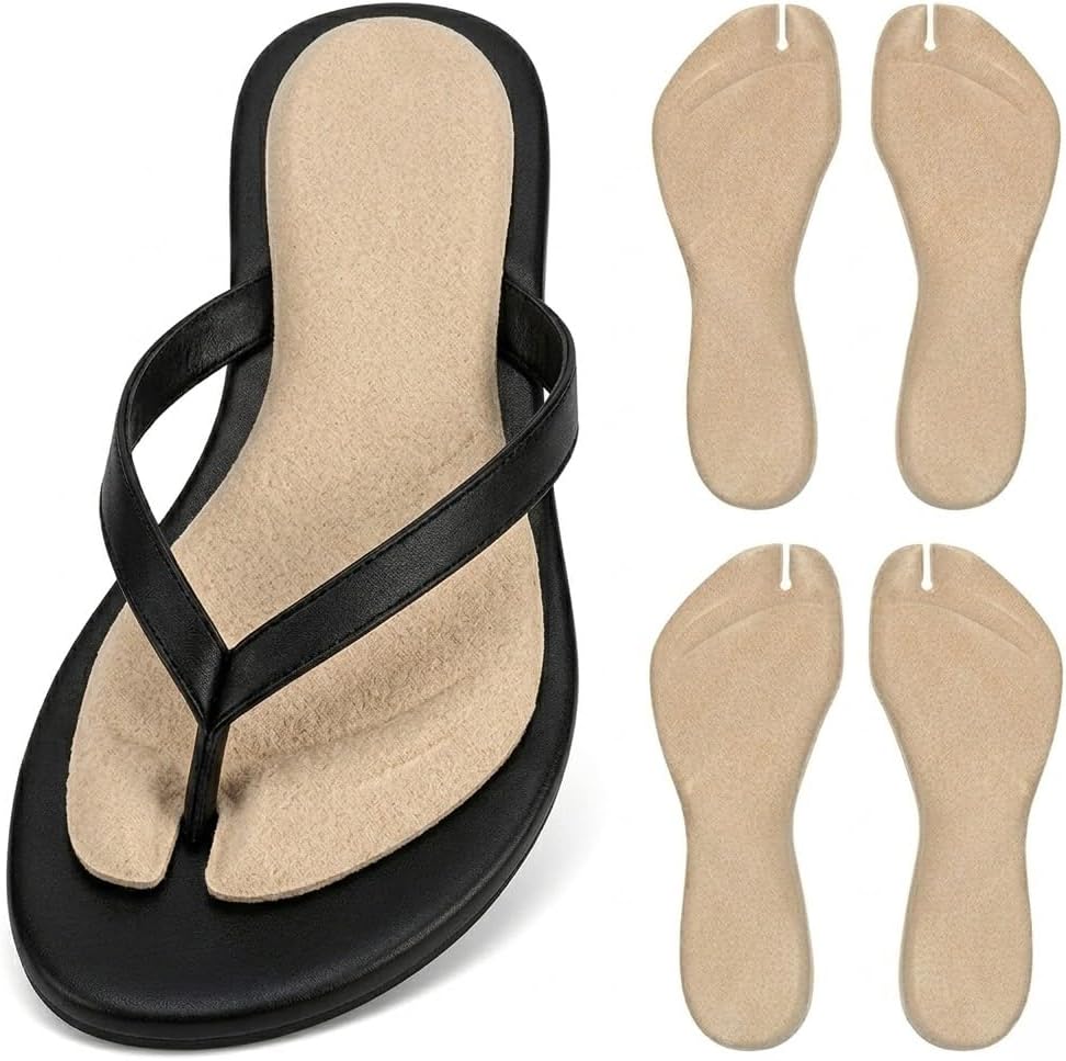 2 Pairs Insoles - Flip Flop Gel Arch Support Inserts, Suede Thong Sandal Cushion for Women, Anti Slip Adhesive Shoe Pads, Beige
