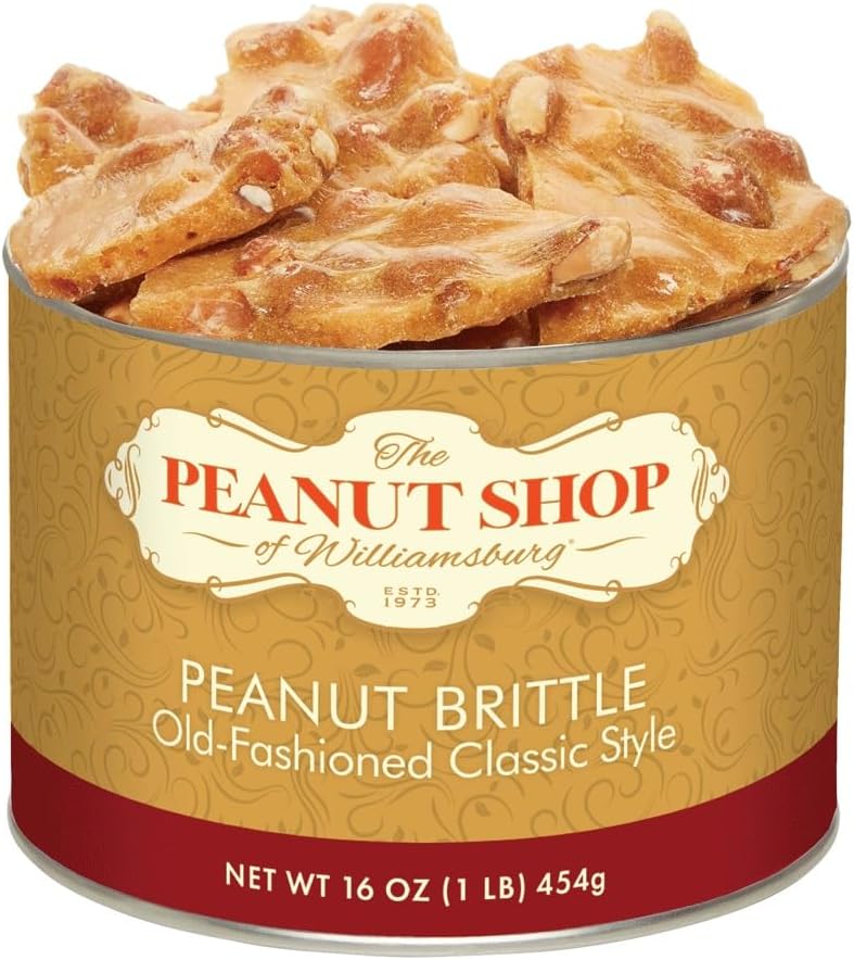 The Peanut Shop of Williamsburg Old Fashioned Peanut Brittle Candy, Hand Pulled Copper Kettle Cooked, Gluten Free Ingredients, Kosher Certified - 16 Oz Tin